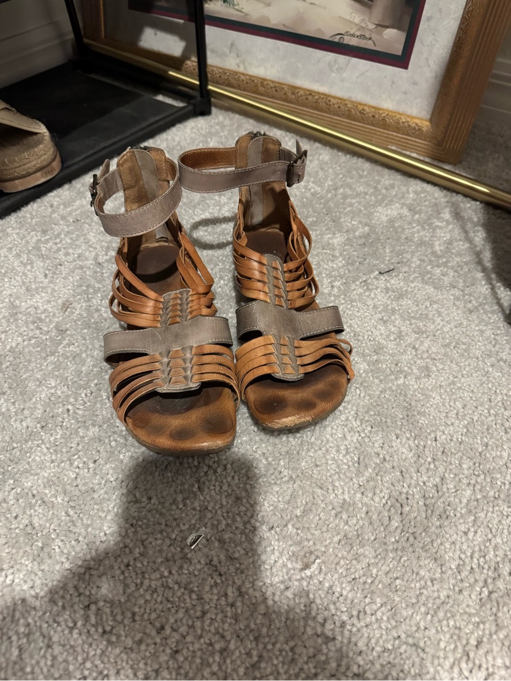 Bed Stu Two-Tone Tan and Taupe Strappy Ankle-Wrap Sandals